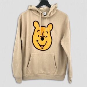 Disney Winnie The Poo Hoodie Pullover Sweatshirt Embroidered Face Sand Beige M